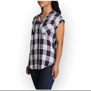 JACHS GIRLFRIEND Women's Blue Plaid Short Sleeve Button Up Shirt Size M Cuffed